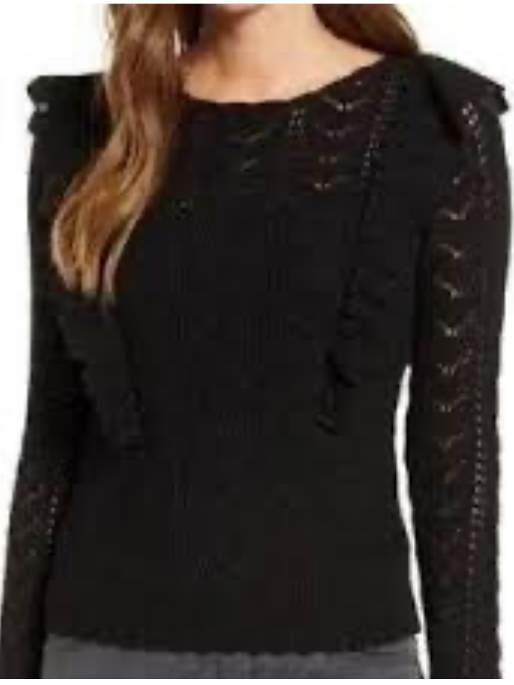 Rachel Parcell Black Lace Sleeve Ruffle Knit Sweater, Size XS